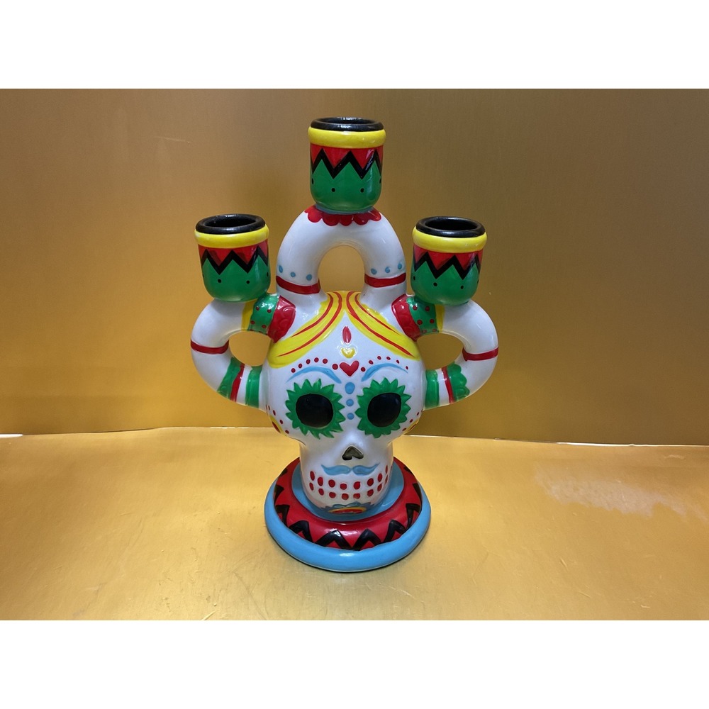 Hyde and Eek Sugar Skull Candelabra Day of the Dead Ceramic Candle Holder 8in